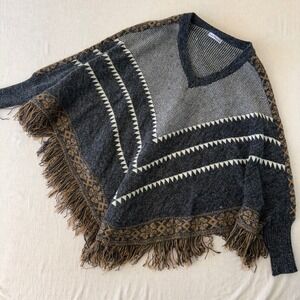 Dainty Hooligan Southwestern Knit Fringe Poncho Sweater Charcoal Gray Boho S/M